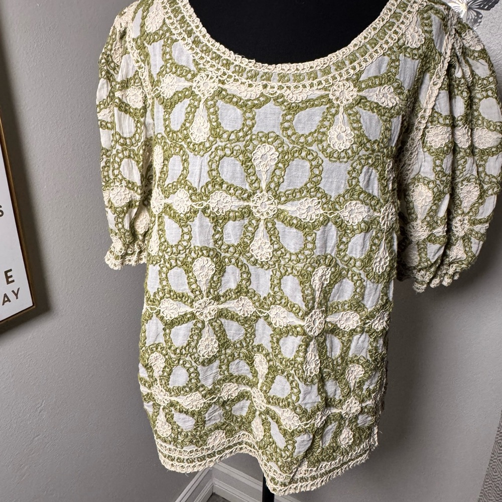 Solitaire Cream and Olive Green Crochet Floral Puff Sleeve Blouse